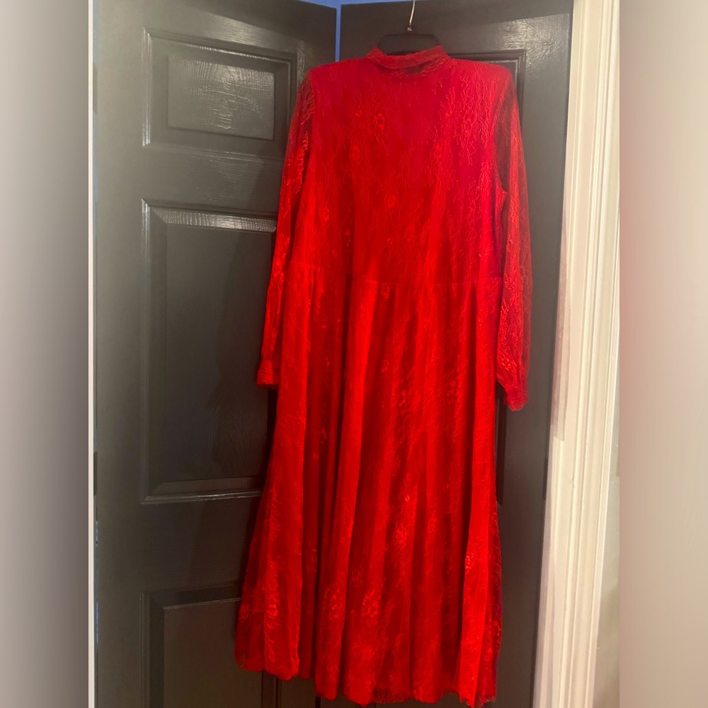 Eloquii Long Sleeve Red Lace Tie Neck Midi Dress Size 16